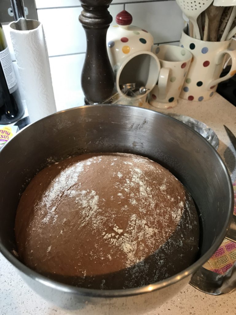 Double chocolate and cinnamon Chelsea bun dough rising