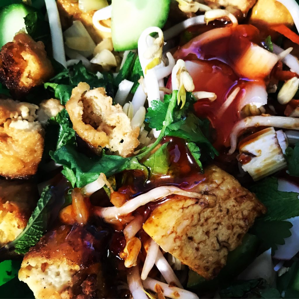 South East Asian inspired tofu noodle salad close up
