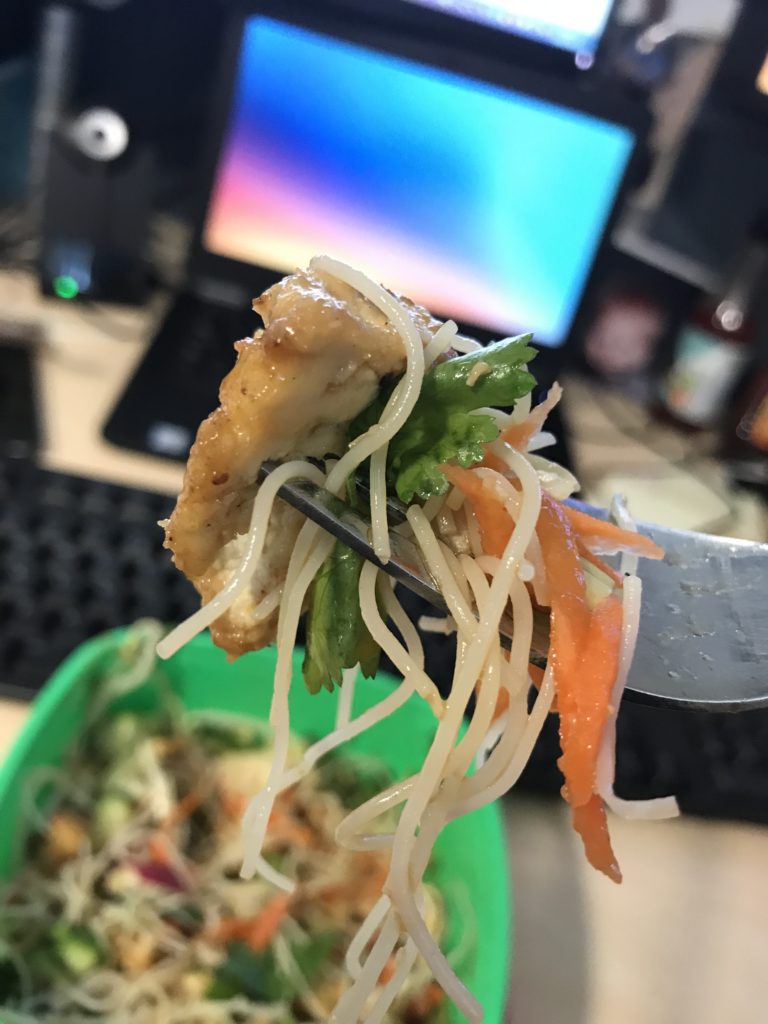 South East Asian inspired tofu noodle salad forkful