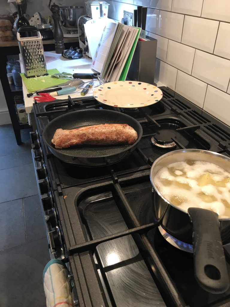 Pork and gratin mash boiling the potatoes