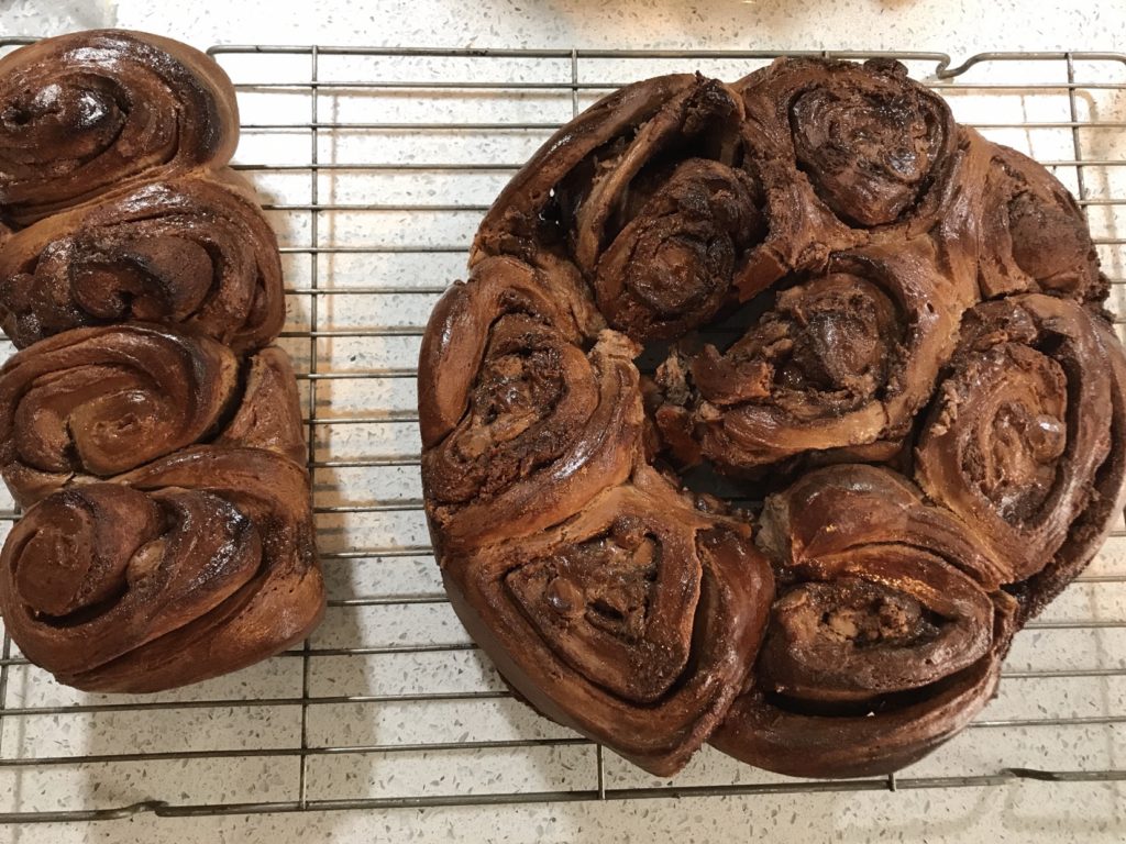 Double chocolate and cinnamon Chelsea bun just out of oven